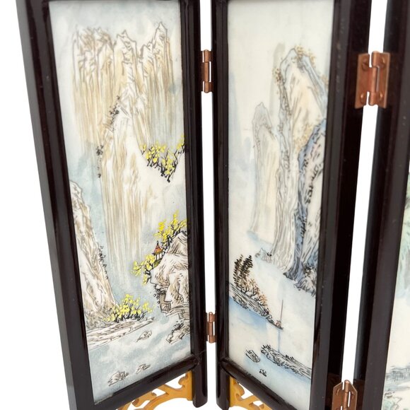 Vintage Chinese Folding Mini Screen With Hand-Painted Stone Panels Landscape Woo - Picture 6 of 9